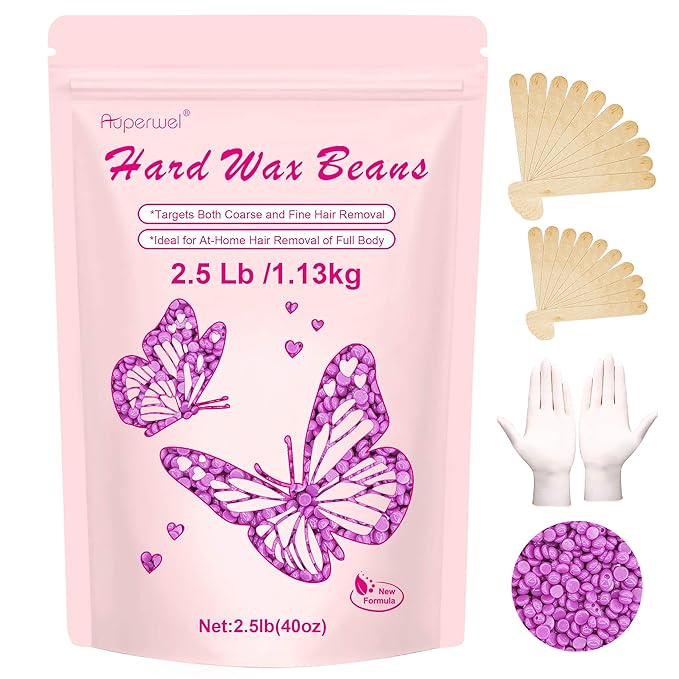Hard Wax Beads for Hair Removal - 2.5lb/40oz Bulk Refill for Sensitive Skin, Brazilian, Bikini, Underarms, Face, Body with 20 Sticks (Violet)