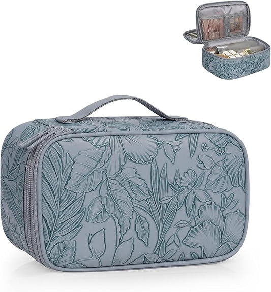 Relavel Cute Makeup Bag for Girls, Portable PU Leather Cosmetic Bag, Dual-layer Makeup Pouch with Brush Holder, Multi-Functional Preppy Toiletry Organizer for Travel, Daily Use - Flora Butterfly