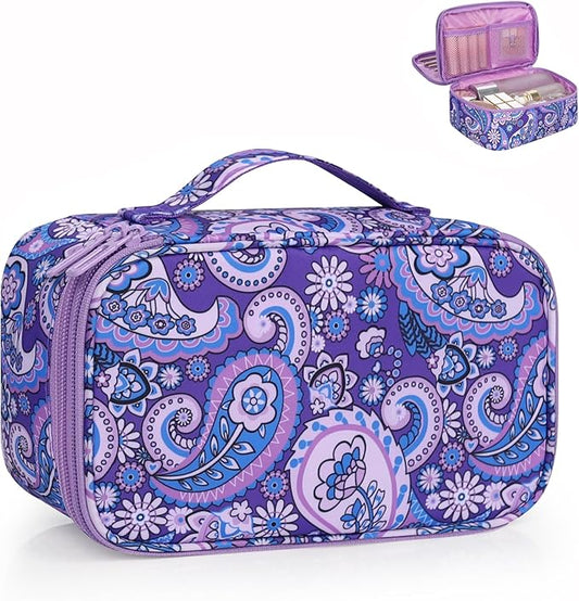 Relavel Travel Makeup Bag, Small Floral Cosmetic Bag with Makeup Brush Compartment, Portable Makeup Pouch for Women, Double Layer Cute Toiletry Organizer Bag, Purple Flower