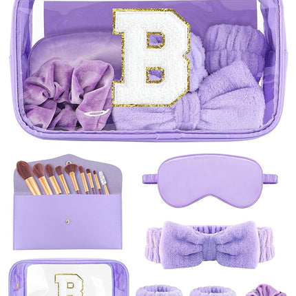 Gift Sets for Women, Initial Makeup Bag with Makeup Brush Set Bachelorette Party Favors, Purple Spa Kit with Skincare Headbands Wrist Bands Sleepover Party Supplies Gifts for Teen Girls Bridesmaid B