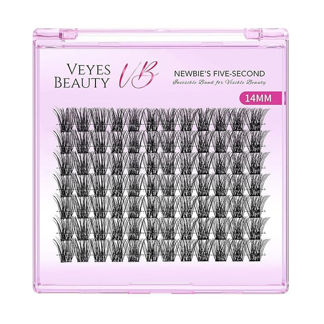 VEYESBEAUTY Lash Clusters Individual Eyelash Extensions Thin & Invisible Band DIY False Eyelashes for Self-application Newbie's Five-Second Series Wispy Lash Tray, Bomb 14mm Single Length