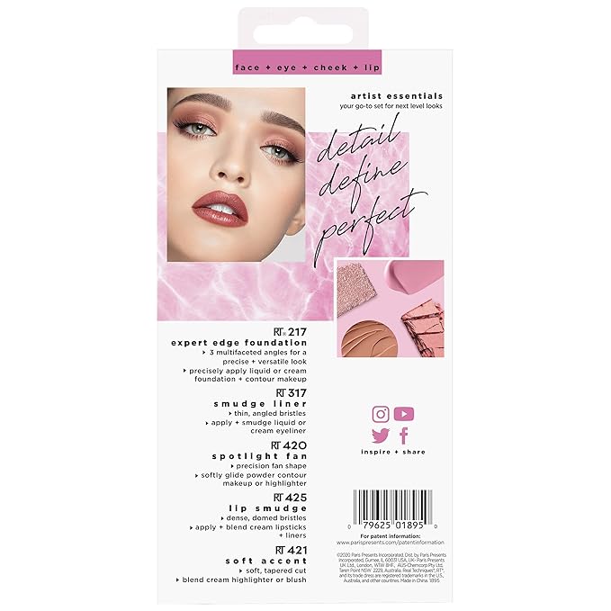 Real Techniques Artist Essentials Makeup Brush Set, For Foundation, Blush, Highlighter, Eyeshadow, & Liner, Professional Makeup Tools, Synthetic Bristles, Vegan & Cruelty-Free, 5 Piece Set