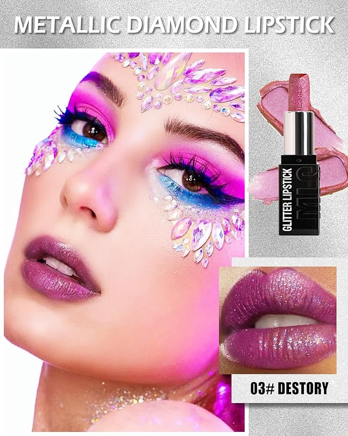 Diamond Glitter Matte Lipstick, Long Lasting Waterproof Rose Pink Metallic Sparkling High Pigment Non-Stick Lip Tint Lip Gloss,Full-coverage Lipgloss, Halloween Lip Makeup Gift for Women Girl-03