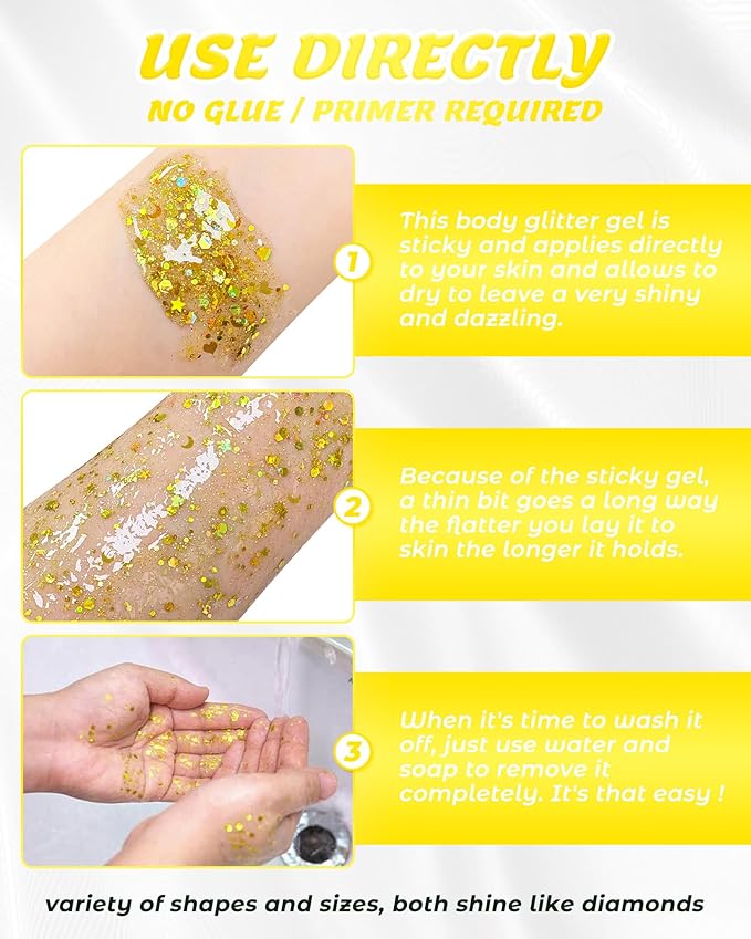6PCS Gold Face Body Glitter Gel，Holographic Chunky Sequins Body Glitter Paint for Party Singer Concerts Music Festival Rave Accessories for Girls Women Face Body DIY Sparkling Makeup