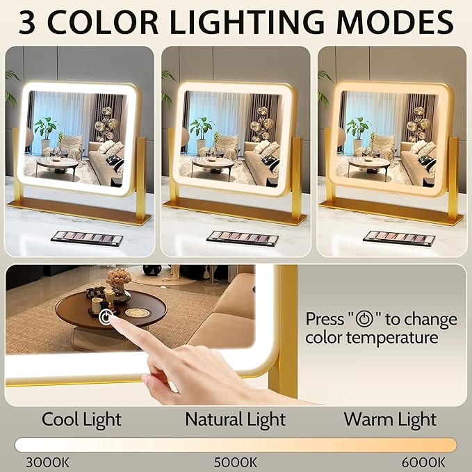 Gold Lighted Makeup Mirror, 14"x12" Vanity Mirror with Smart Touch Control, 3-Color Dimmable Lighting, 360° Rotation for Desk or Bedroom