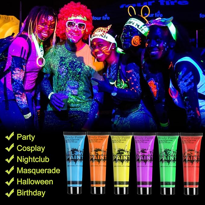 Glow in Dark Face Body Paint UV Blacklight Neon Fluorescent 0.34oz Set of 6 Tubes