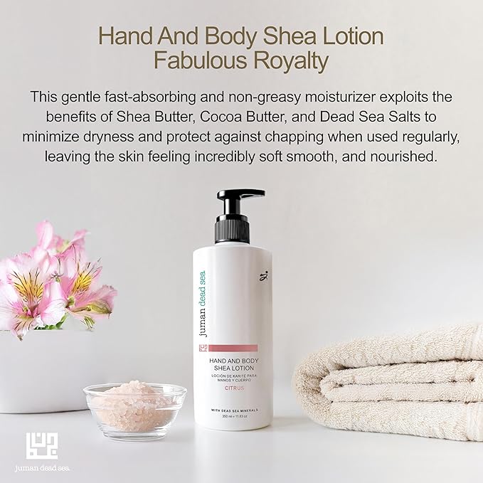 JUMAN Dead Sea Minerals Shea Butter Body Lotion | Fast Absorbing & Non-Greasy Body Moisturizer | Citrus | Infused with Almond Oil & Vitamin E | SLS & Paraben Free | 11.8 OZ