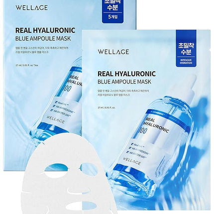 WELLAGE Real Hyaluronic Blue Ampoule Face Mask - Korean Hydratig Mask Moisture Boost with 10,000ppm Ultra-Low Molecular Hyaluronic Acid - Soft Vegan Cashmere Sheet for Sensitive Skin, 5 Sheets