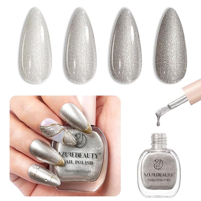 AZUREBEAUTY Silver Glitter Nail Polish Metallic Fast Drying Natural Shine Nail Lacquer Fingernail Polish Salon-Quality for Women 10ml