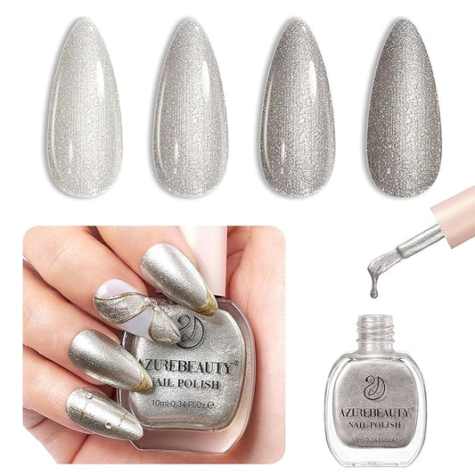 AZUREBEAUTY Silver Glitter Nail Polish Metallic Fast Drying Natural Shine Nail Lacquer Fingernail Polish Salon-Quality for Women 10ml