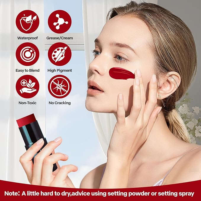 Go Ho Cream-Blendable Red Face Paint Stick (1.06 Oz),Full-coverage Red Body Paint Makeup for Adults Children Halloween Cosplay Clown Devil SFX Makeup,Waterproof Red Makeup Stick