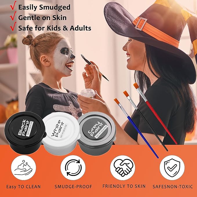 White Black Grey Face Body Paint for Halloween Makeup, Face Paint Kit with Brushes, Non-Irritating, for Adults & Kids, Full-Coverage SFX Makeup Kit for Clown, Zombie, Skeleton, Mime, Cosplay