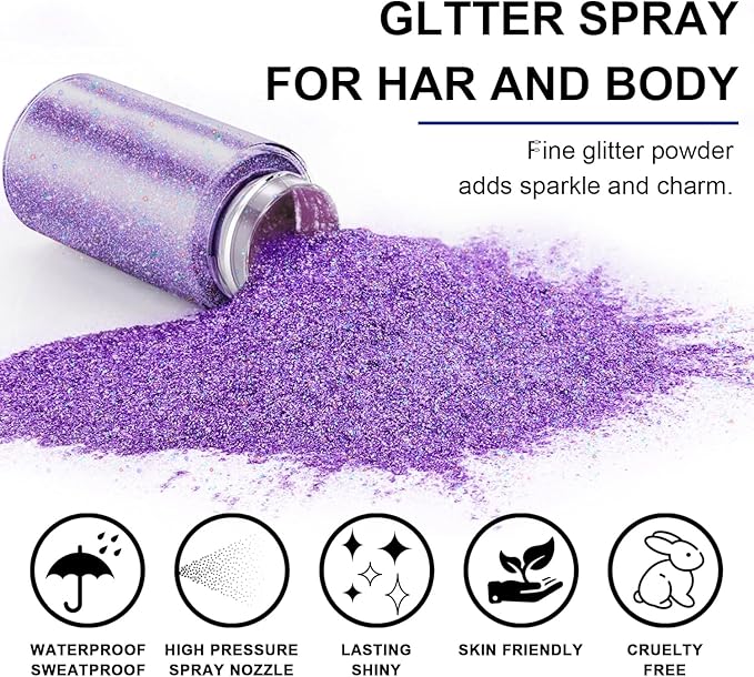 Hair and Body Glitter Spray, 1PC Sparkling Purple Hair Glitter Extra Fine Face Shimmer Powder for Clothes, Festival Loose Sparkle Powder for Rave Clothes Nail Art Easter Halloween Crafts (Purple)