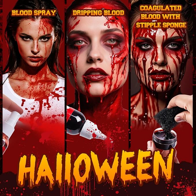 MEICOLY 5PCS Halloween Fake Blood Makeup Kit,Special Effects SFX Makeup for Zombie Vampire Monster Cosplay,2.1oz Fake Blood Spray+2.1oz Dripping Blood+Coagulated Blood+Cleansing Soap+Stipple Sponge
