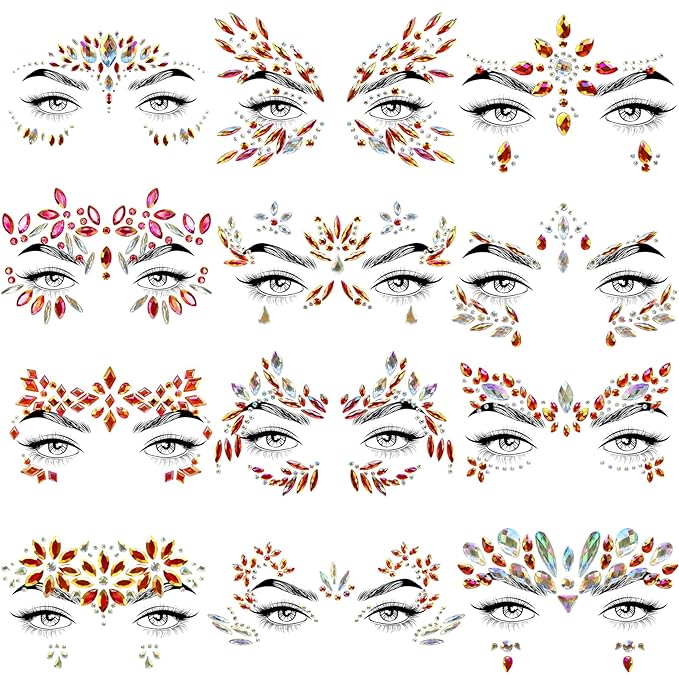 12 Sets Face Jewel Face Gems Mermaid Glitter Rhinestone Crystal Stickers Waterproof Eyes Face Temporary Tattoos for Party,Rave Festival,Carnival,Holiday Costumes,Rave Accessories,Makeup