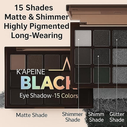 K'APEINE Black Eyeshadow Palette, 15 Colors Smokey Eye Shadow Palette Gothic Smokey Eyeshadow Palette Silver Eye Makeup Kit Matte & Shimmer Dark Shades Matte for Goth Makeup No Fading, Long Lasting