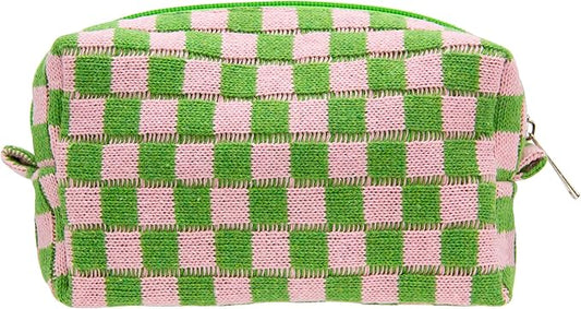 PAZIMIIK Checkered Makeup Bag for Purse Portable Zipper Make Up Pouch Small Cosmetic Case for Travel Accessories Pink Green