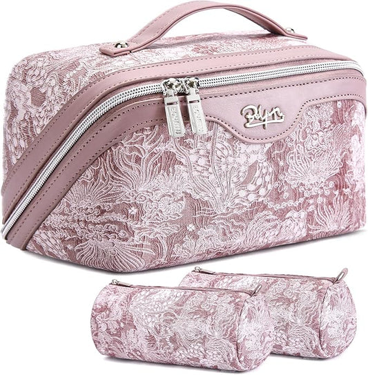 BOYATU Travel Makeup Bag for Women: Large Capacity Make up Bag with Compartments - Vegan Leather Cosmetic Bag set of 3 - Waterproof Toiletry Bag with Handle & Divider(D-01Purple)