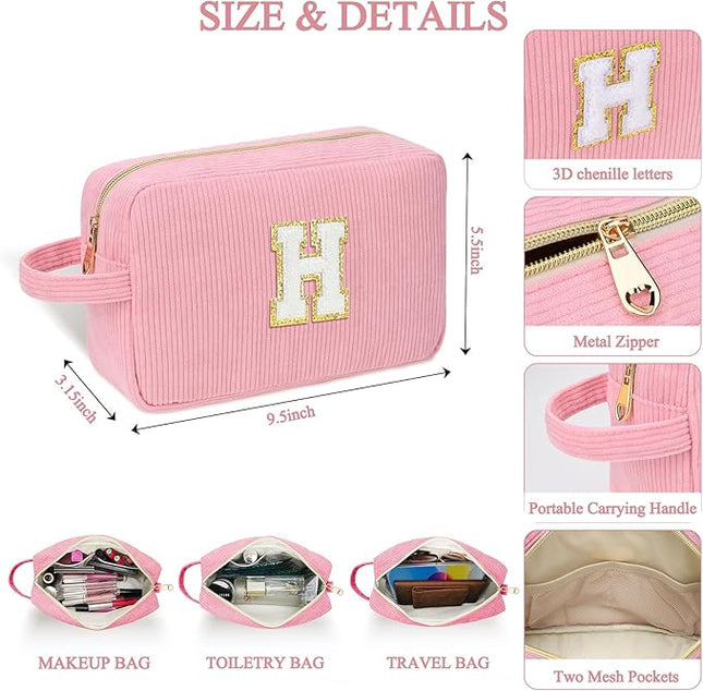 Personalized Initial Makeup Bag Trendy Stuff Corduroy Cosmetic Bag Travel Toiletry Bag, Valentine’s Day Gift Makeup Organizer Case & Makeup Pouch for Women teen Girls Mom Girlfriend Wife