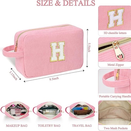 Personalized Initial Makeup Bag Trendy Stuff Corduroy Cosmetic Bag Travel Toiletry Bag, Valentine’s Day Gift Makeup Organizer Case & Makeup Pouch for Women teen Girls Mom Girlfriend Wife