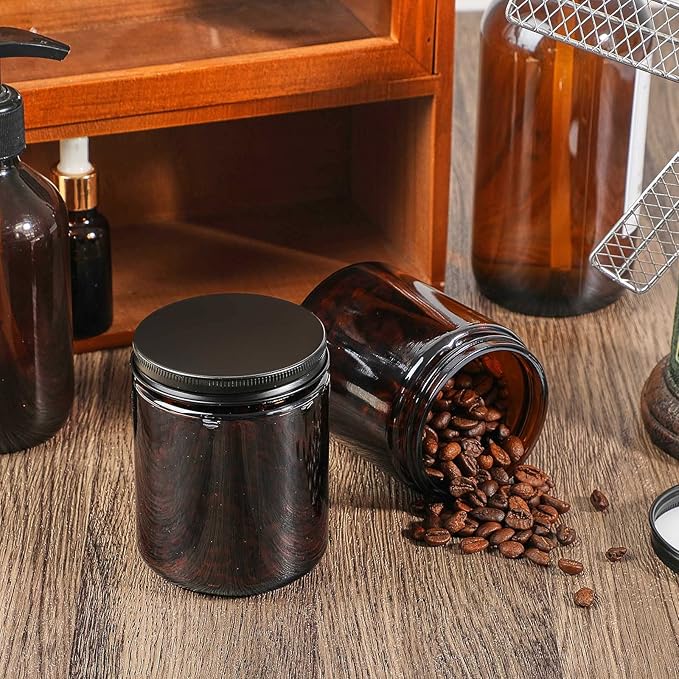 Lallisa 48 Pcs 8 oz Amber Glass Jars with Black Lids Round Glass Cosmetic Jars with Lids Empty Amber Containers Refillable Food Storage Containers for Spice Powder Liquid Sample Makeup