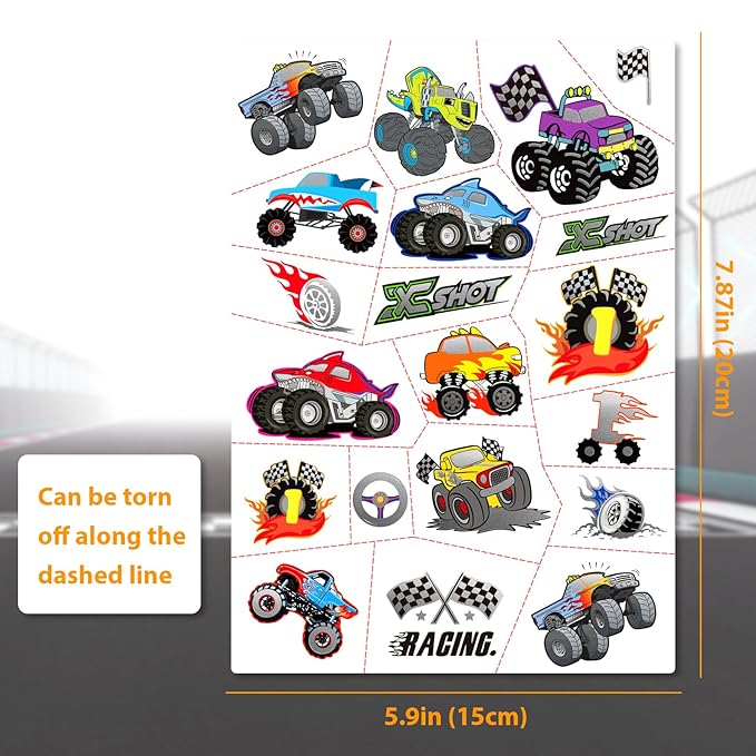 Temporary Tattoos for Kids, 75 PCS Truck Tattoos for Hot Wheel Birthday Party Decoration Favor, Metallic Tattoos, Monster Truck, Car Racing, Checkered Flag, Flames Tattoo for Boys Girls