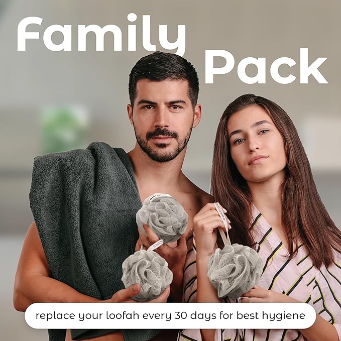 MainBasics Bath Shower Loofah Sponge Pouf Body Scrubber Exfoliator Body Wash Sponge (Set of 3, Totally Taupe)