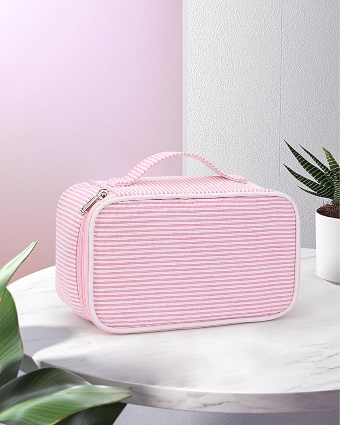 Relavel Cute Makeup Bag for Girls, Portable Pink Cosmetic Bag, Dual-layer Makeup Pouch with Brush Holder, Multi-Functional Preppy Toiletry Organizer for Travel, Daily Use - Pink Strip