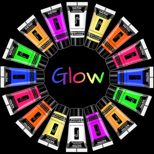 NewWay Luminous Neon Face & Body Paint Glow in the Dark Party Supplies MakeUp Cream Paint Light For Halloween Christmas 8 Color 0.7 fl oz x 16 Tubes
