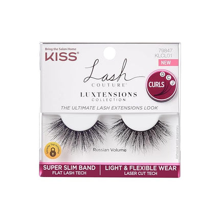 KISS Lash Couture LuXtensions Collection False Eyelashes, Flat Lash Technology, Super Slim Lash Band, Real Lash Extension Fibers, Reusable, Style ‘Russian Volume', 16mm, 1 Pair Strip Lashes