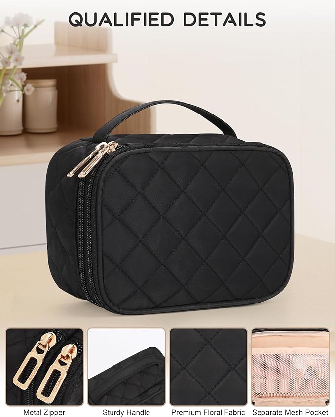 Relavel Small Makeup Bag, Travel Cosmetic Bag with Makeup Brush Compartment, Cute Make Up Pouch for Women, Double Layer Toiletry Organizer for Short Trip, Office - Black