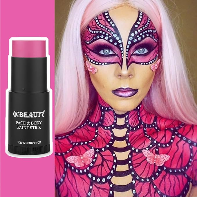 CCbeauty Hot Pink Face Paint Stick, Face Painting Kit, Full Coverage SFX Makeup Foundation, Professional Non-Toxic Body Paint for Halloween Costume Cosplay Party, For Barbie, Panther, Catrina Makeup
