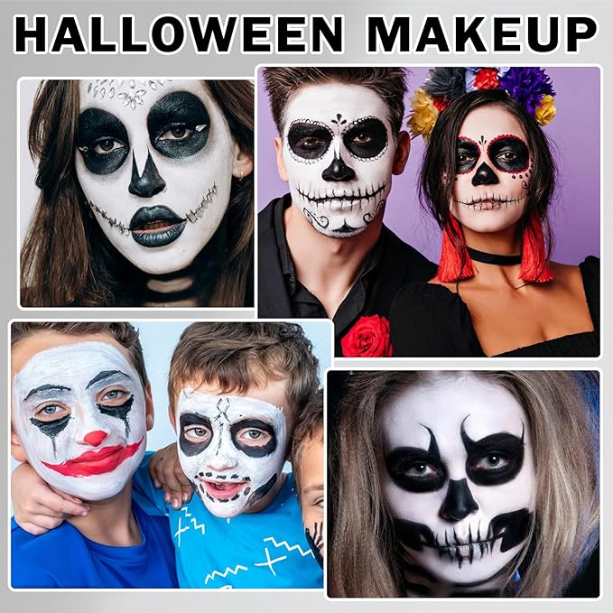 Black and White Face Body Paint with Brushes Halloween Face Paint Makeup Kit Oil Based Face Painting Kit for Cosplay Clown Skeleton Vampire Special Effects Makeup