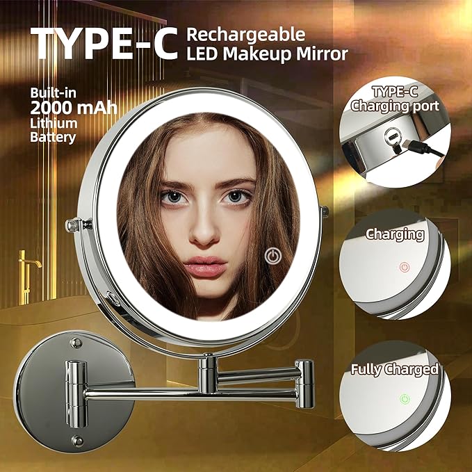 8" Wall Mounted Lighted Makeup Mirror with Magnification, 1X/10X Magnifying Mirror with Light, 3 Color Lights, Extendable Double Sided 360° Swivel Bathroom Mirror Type-C Rechargeable (Silver)