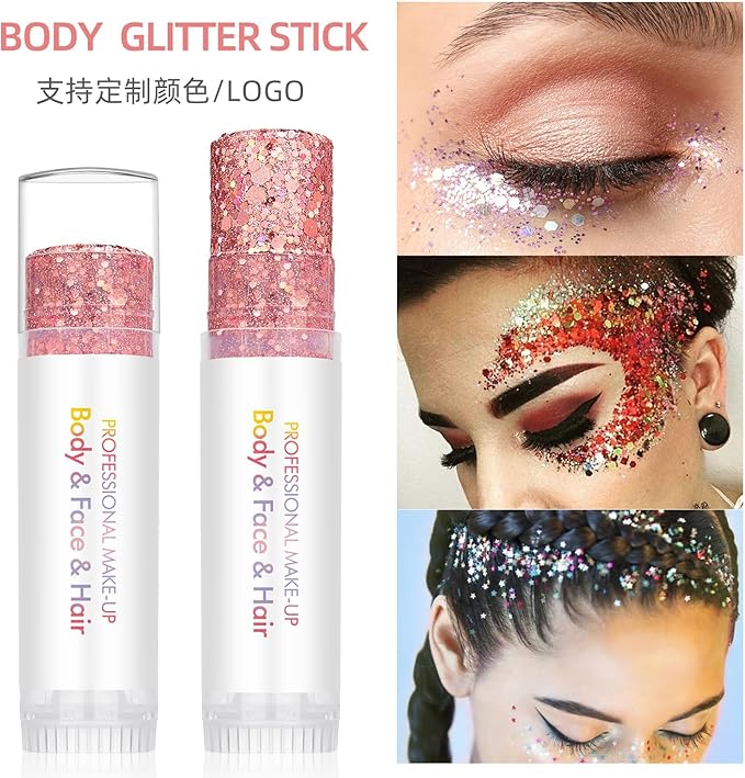 Body Glitter Stick,Face Hair Holographic Sparkling Neon Outfit Singer Concert Music Rave Festival Party Accessories Glitter Makeup.(Gold & Red & White)