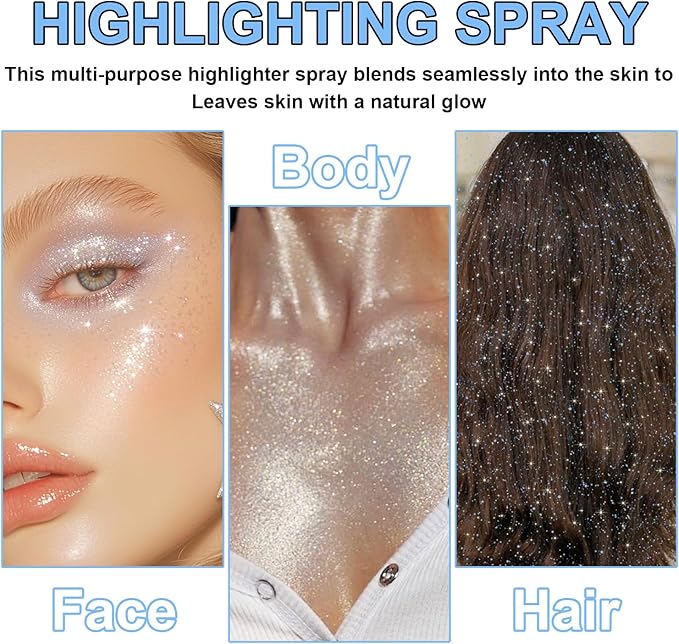 Hair and Body Glitter Spray, Shimmering Powder Sparkle Powder Makeup, Glitter Loose Sparkle Makeup for Body Highlighter,Festival Prom Rave Accessories (Glint-Rainbow)