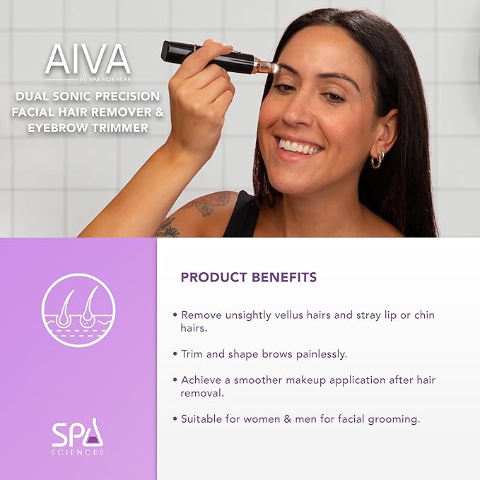 SPA Sciences AIVA: 2-in-1/Double Sided Facial Hair Remover & Eyebrow Trimmer USB Rechargeable with Built-in LED Lights