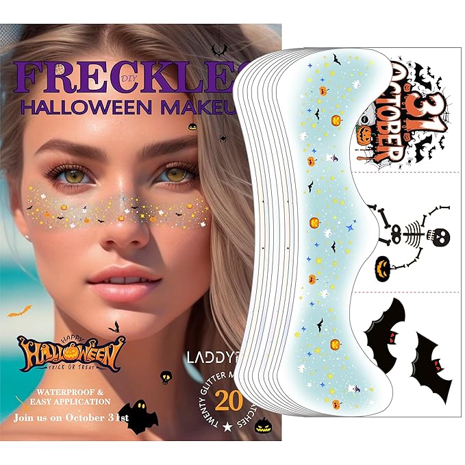 20 Pcs Halloween Makeup Decorations,DIY Halloween Glitter Freckles Face Tattoos Stickers,Sparkle and Waterproof halloween Rave Accessories Face Paint Makeup Kit for Women, Kids, Party Supplies