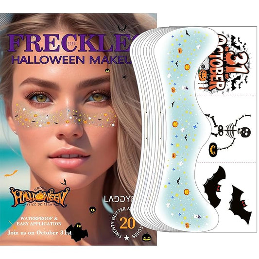 20 Pcs Halloween Makeup Decorations,DIY Halloween Glitter Freckles Face Tattoos Stickers,Sparkle and Waterproof halloween Rave Accessories Face Paint Makeup Kit for Women, Kids, Party Supplies