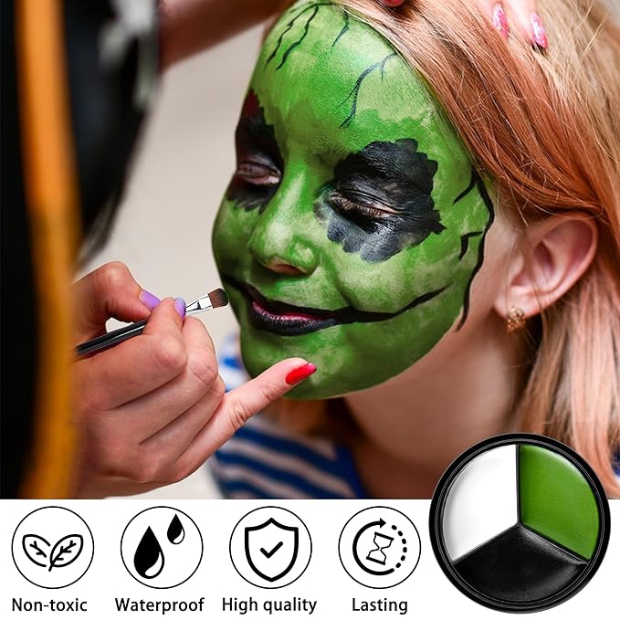 EBaokuup 3 Set Black White Green Face body Paint,3 Colors Witch Makeup Kit with Sponge and Brush,Halloween Formula Face Paint for Party Special Effect Makeup Cosplay Costume