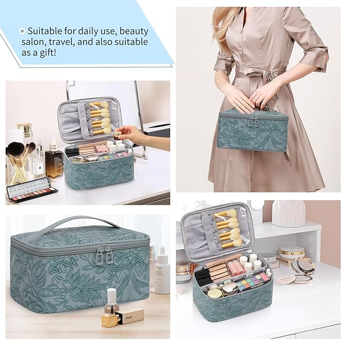 OCHEAL Makeup Bag,Travel Makeup Organizer Bag, Large Capacity Cosmetic Bags for Women Large Travel Toiletry Bag for Girls Traveling With Brush Slot And Divider-Blue Floral