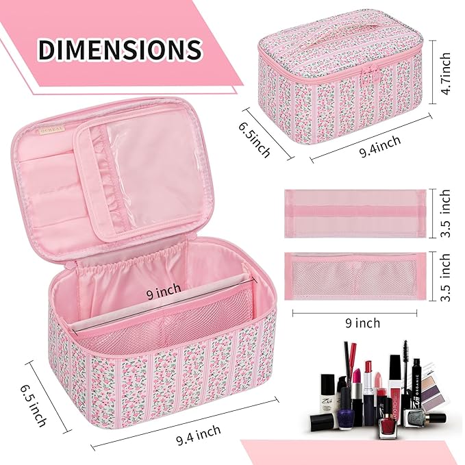 OCHEAL Makeup Bag for Women - Travel Cosmetic Organizer with Brush Slot & Divider, Large Capacity Toiletry Bag for Girls, Travel Makeup Case for everyday Make up Accessories -Pink Floral