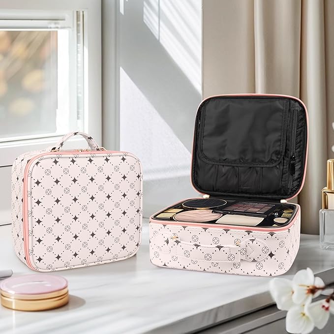 Travel Makeup Bag,Waterproof Cosmetic Organizer, Adjustable Dividers,Portability Cosmetic Train Case,Makeup organizer,Gift for Women,Girls Gift (Beige+Pink)