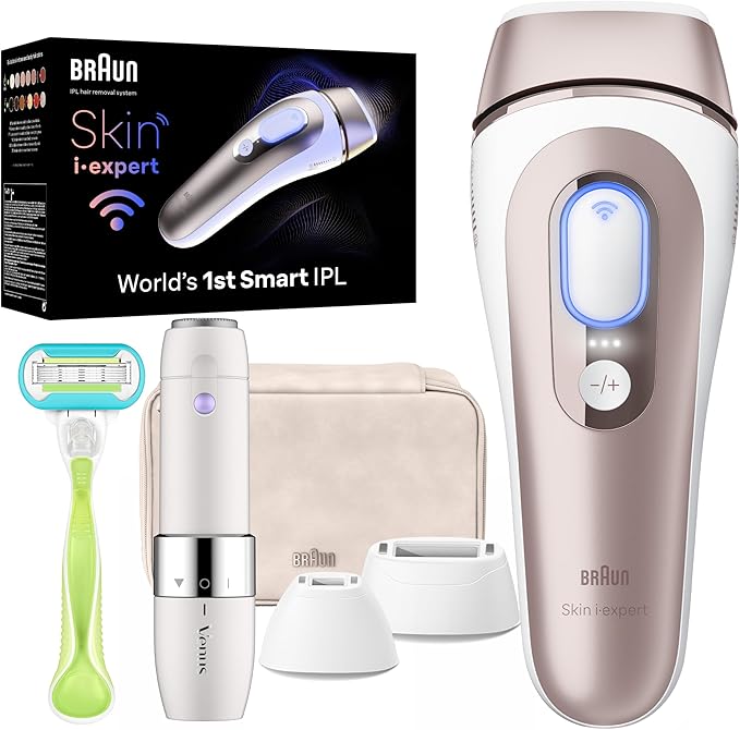 Braun Smart IPL, Skin i·Expert Pro 7: at Home Laser Hair Removal for Women and Men, Permanent Visible Hair Reduction, with Free App, Vanity Case, Venus Razor, 2 Smart Heads, Facial Trimmer, IPL7219