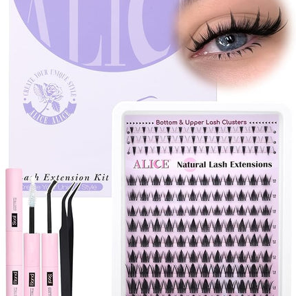 ALICE Manga Lash Clusters Kit Clear Band Natural Lash Extensions Kit 5-14mm Wispy Cluster Eyelash Extension Kit DIY Invisible Band Individual Cluster Lashes with Spiky Bottom Lashes Bond and Seal