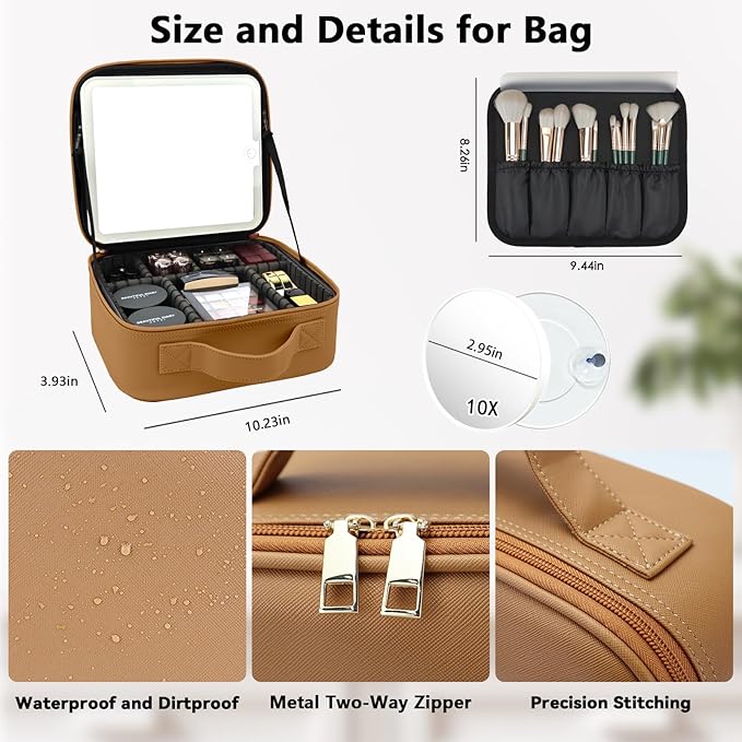 Travel Makeup Bag with LED Mirror and 10x magnifying glass with 3 Lighted Settings, Adjustable Dividers and Makeup Brush Storage Bag Brown