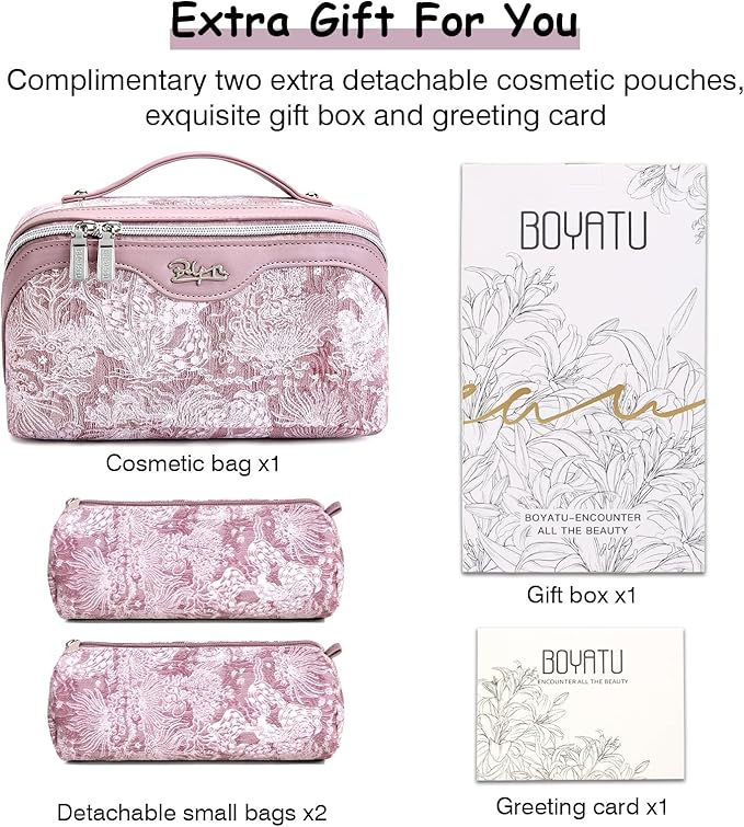 BOYATU Travel Makeup Bag for Women: Large Capacity Make up Bag with Compartments - Vegan Leather Cosmetic Bag set of 3 - Waterproof Toiletry Bag with Handle & Divider(D-01Purple)