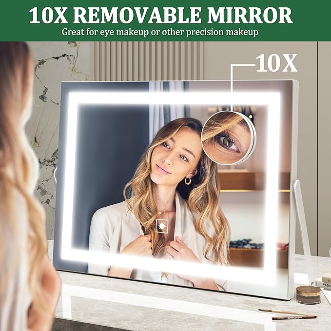 Vanity Mirror with Lights, 14" x 11" LED Makeup Mirror, 3 Modes Light, Smart Touch Control Dimmable, 10X Magnification, 360°Rotation, Square Corner Rectangle, White