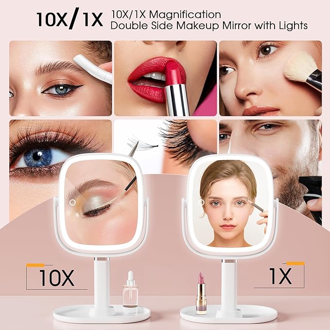 Makeup Mirror with Lights - 10x/1x Magnifying Mirror with Light, Rechargeable Desk Mirror with 3-Color Lighting & Memory Function, 360° Adjustable Table Mirror, Gift for Women (White)