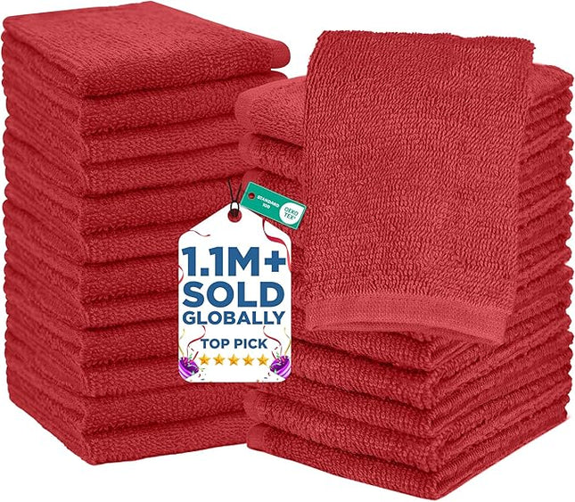 DAN RIVER 24 Pack Wash Cloths for Showering [12x12] - 100% Cotton Washcloths Premium Quality Flannel Face Cloths for Bathroom, Highly Absorbent and Soft Feel Wash Clothes, Red